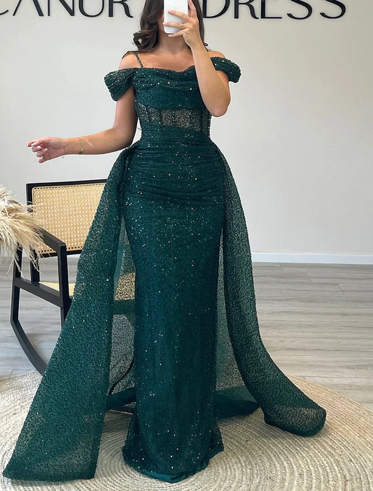 Sheath / Column Prom Dresses Elegant Dress Formal Prom Floor Length Short Sleeve Off Shoulder Sequined with Glitter Ruched