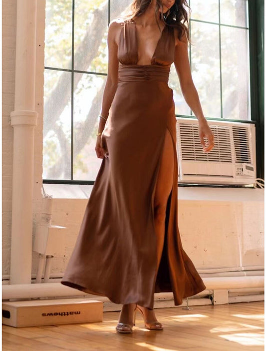 Women's Prom Dress Party Dress Wedding Guest Dress Long Dress Maxi Dress Rose Gold Black White Sleeveless Plain Split Summer Spring Fall Deep V Elegant Wedding Guest Evening Party Vacation