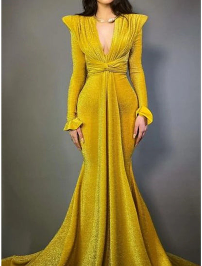 A-Line Evening Gown Elegant Dress Formal Court Train Formal Long Sleeve V Neck with Glitter Pleats Ruched
