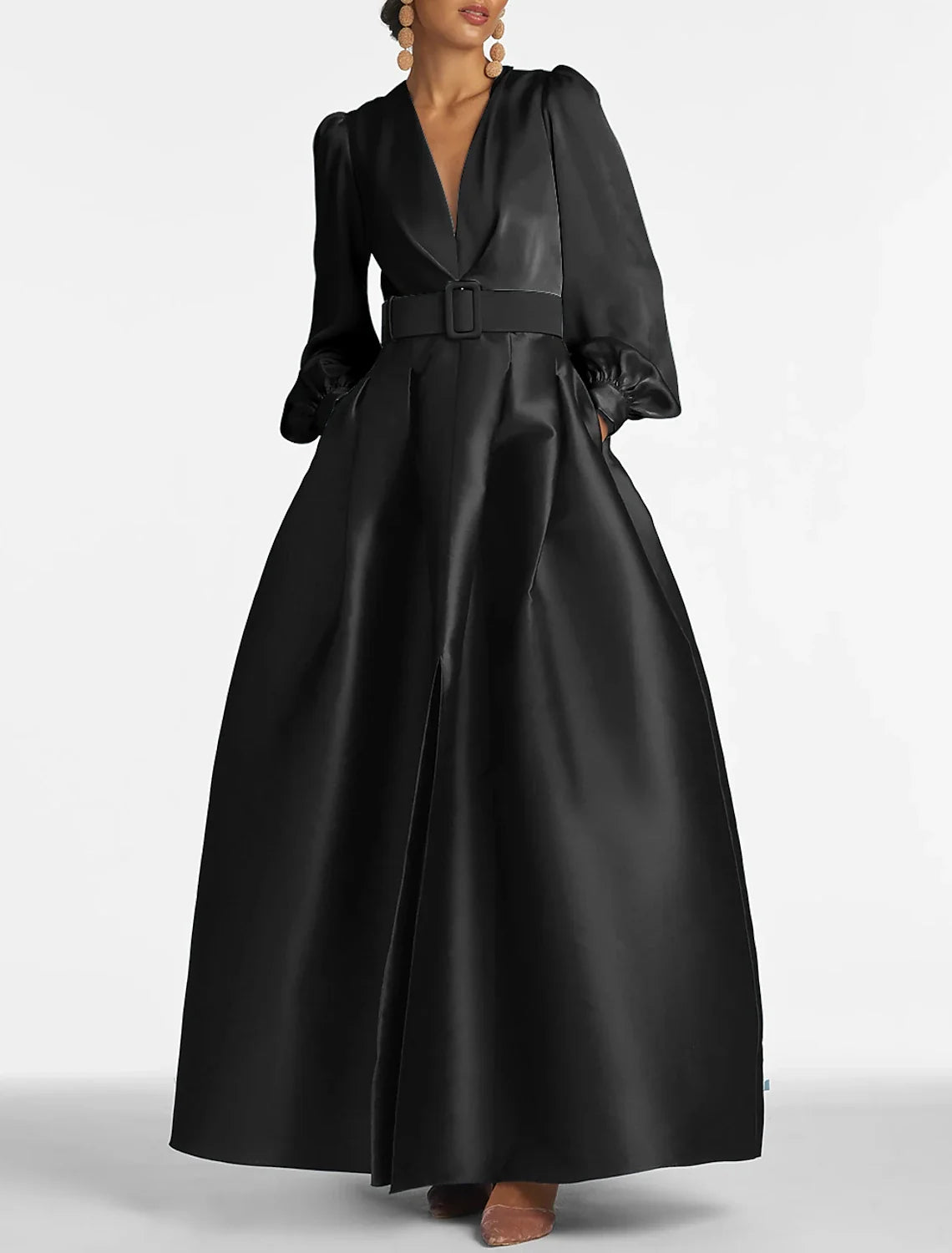 A-Line Evening Gown High Split Wedding Guest Dress Formal Fall Floor Length Long Sleeve V Neck Belt / Sash Satin with Pleats Slit
