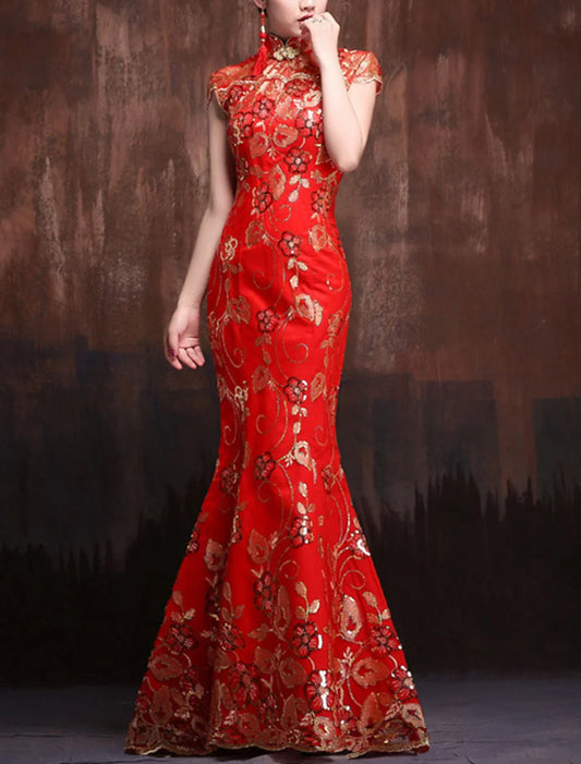 Mermaid / Trumpet Evening Gown Vintage Dress Wedding Guest Formal Evening Floor Length Short Sleeve High Neck Satin with Sequin Embroidery