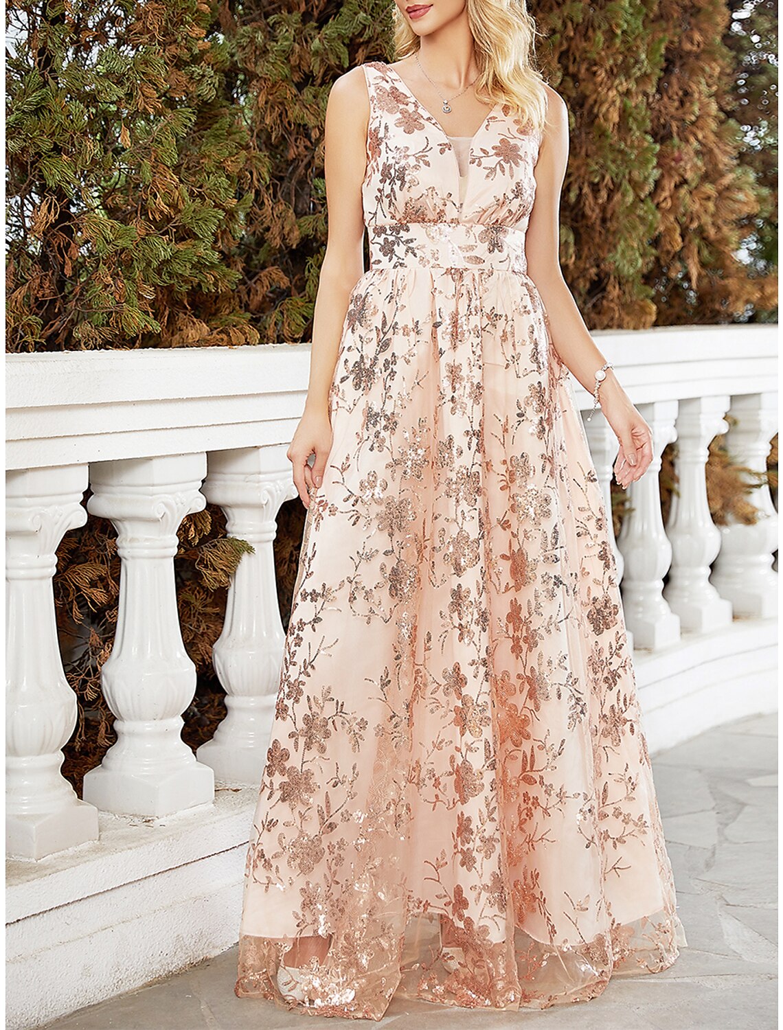Women's Party Dress Sequin Dress Wedding Guest Dress Long Dress Maxi Dress Light Yellow Sleeveless Floral Sequins Spring Fall Winter V Neck Fashion Winter Dress Wedding Guest Evening Party