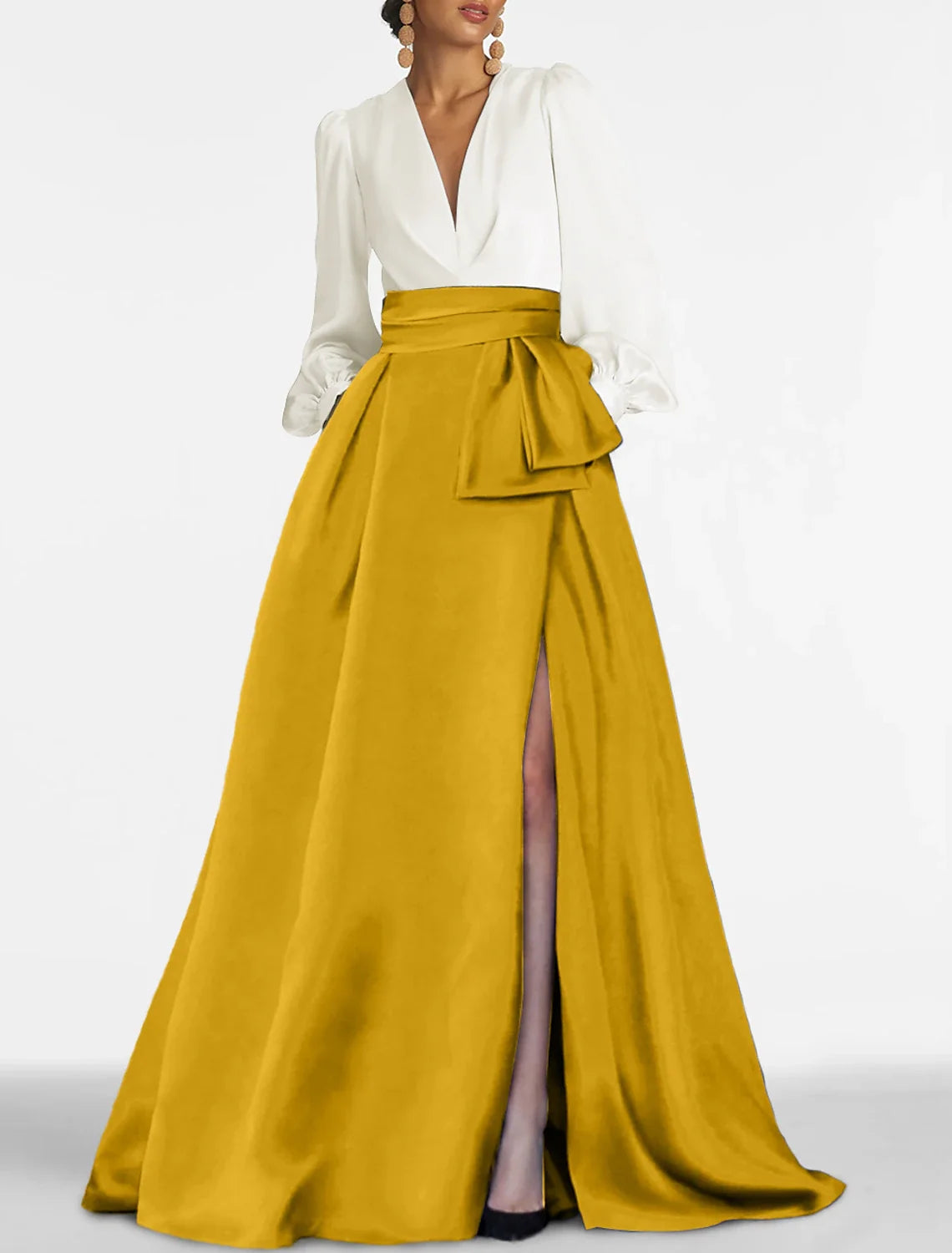 A-Line Evening Gown Elegant Dress Formal Sweep / Brush Train Formal Red Green Dress Long Sleeve V Neck Satin with Pleats Slit