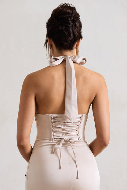 Dress Champagne Satin Corset Style Maxi Dress With Wrap Skirt Prom Dress Backless Deep V Neck With Side Slit Bridesmaid Dress