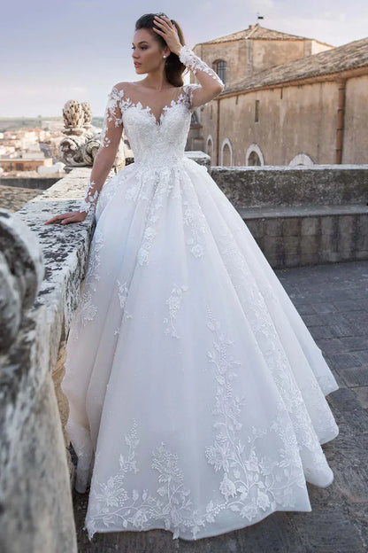 Prom Dress In Store Elegant Fairytale Romance Lace Long Sleeves Applique A-line Wedding Dress With Long Train Dress For Wedding