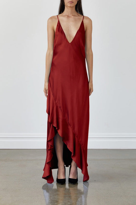 Dress Women's Sexy Satin Spaghetti Strap Maxi Dress V Neck Backless Asymmetrical Ruffle Hem Evening Party Prom Dress