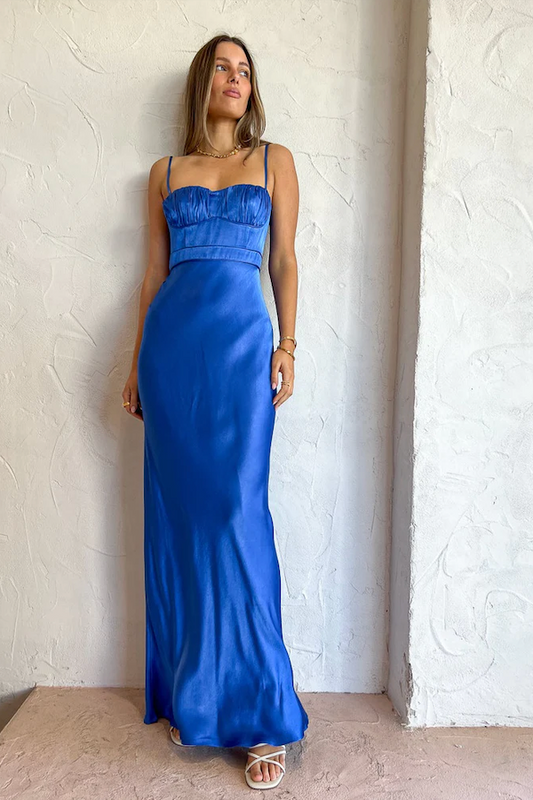 Dress Elegant Royal Blue Spaghetti Straps Open Back Sleeveless Maxi Dress Ruched Mermaid Ankle Length Prom Dress