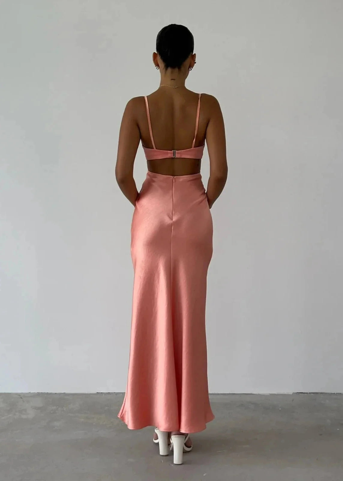 Soft Satin Mermaid V‑Neck Spaghetti Straps Cut‑Out Ankle‑Length Prom Dress For Event