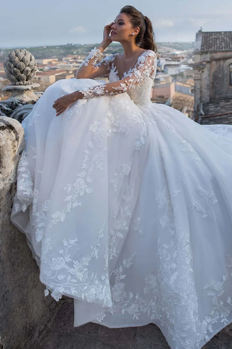 Prom Dress In Store Elegant Fairytale Romance Lace Long Sleeves Applique A-line Wedding Dress With Long Train Dress For Wedding