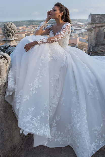 Prom Dress In Store Elegant Fairytale Romance Lace Long Sleeves Applique A-line Wedding Dress With Long Train Dress For Wedding