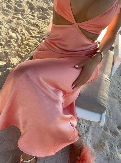 Dress Satin Cut Out Maxi Summer Dresses for Women Spaghetti Strap V-Neck Backless Wedding Guest Midi Dress Prom Dress