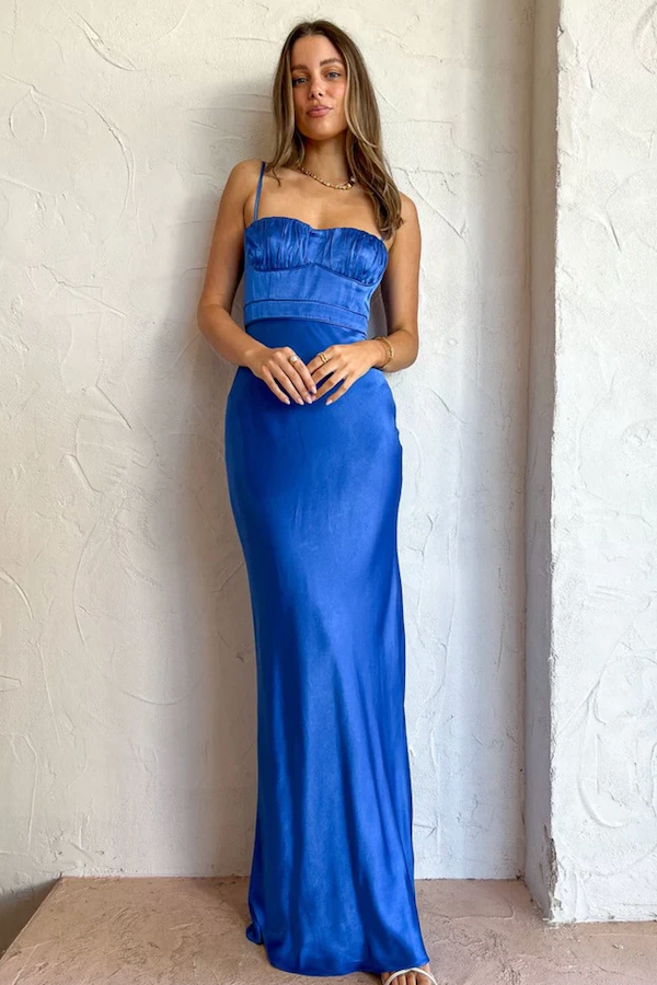 Dress Elegant Royal Blue Spaghetti Straps Open Back Sleeveless Maxi Dress Ruched Mermaid Ankle Length Prom Dress