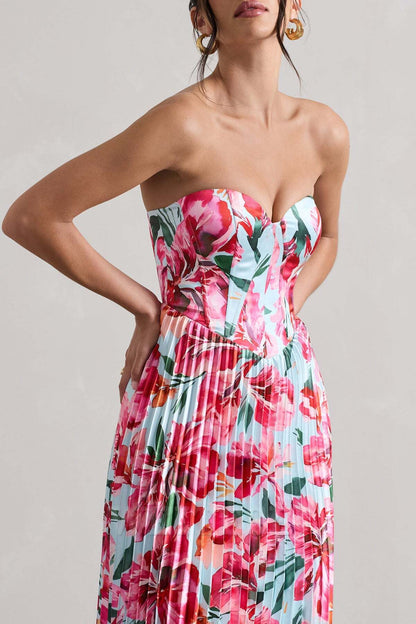 Dress Cream Floral Print Satin Corset Style Midi Dress Prom Dress Sweetheart A-line Fairy-Tale Lace Up Bridesmaid Dress