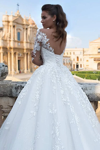 Prom Dress In Store Elegant Fairytale Romance Lace Long Sleeves Applique A-line Wedding Dress With Long Train Dress For Wedding