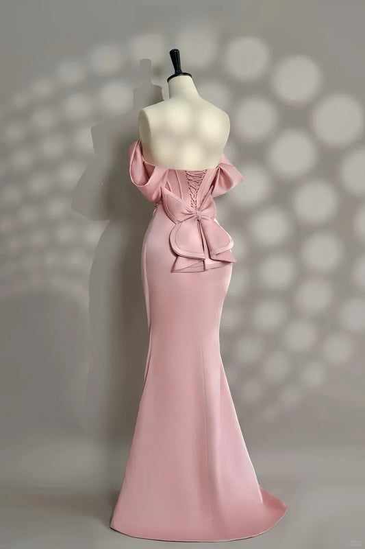 Prom Shop Dresses Pink Mermaid Evening Prom Dresses Pearl Off Shoulder Sleeveless Silk Bow Sleevless Fold Lace-up Red Carpet Celebrity Gowns