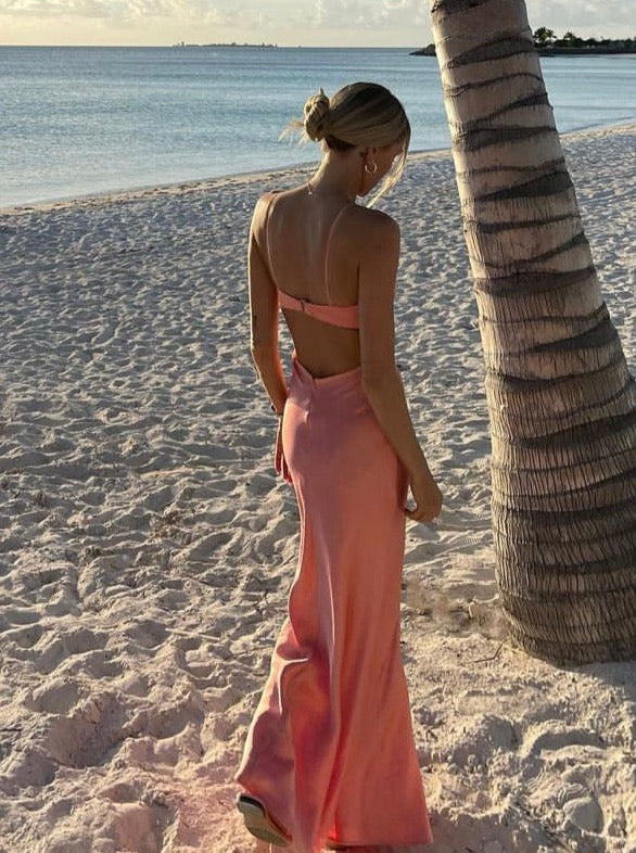 Dress Satin Cut Out Maxi Summer Dresses for Women Spaghetti Strap V-Neck Backless Wedding Guest Midi Dress Prom Dress