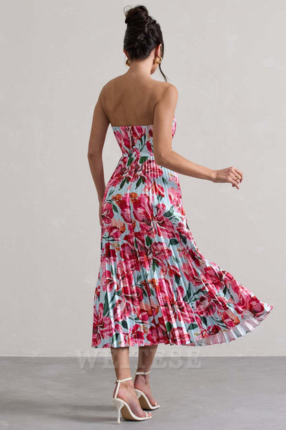 Dress Cream Floral Print Satin Corset Style Midi Dress Prom Dress Sweetheart A-line Fairy-Tale Lace Up Bridesmaid Dress