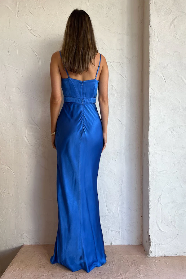 Dress Elegant Royal Blue Spaghetti Straps Open Back Sleeveless Maxi Dress Ruched Mermaid Ankle Length Prom Dress