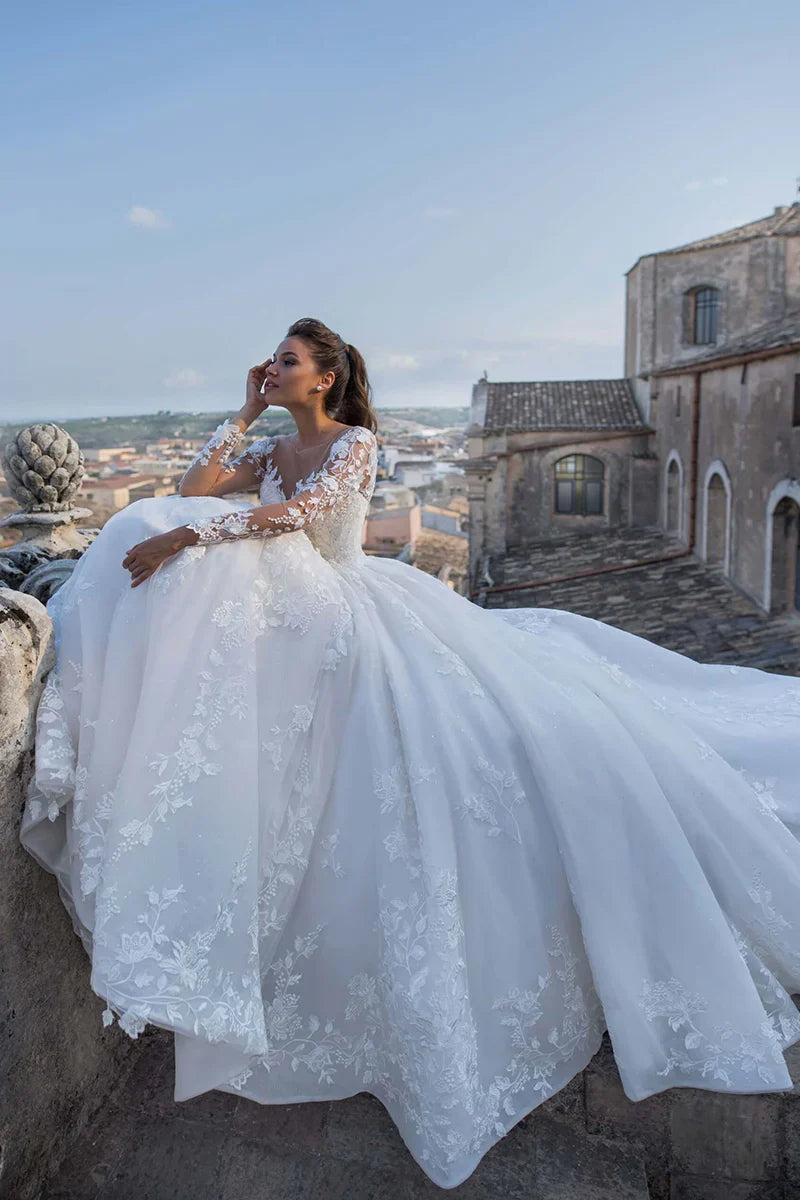 Prom Dress In Store Elegant Fairytale Romance Lace Long Sleeves Applique A-line Wedding Dress With Long Train Dress For Wedding