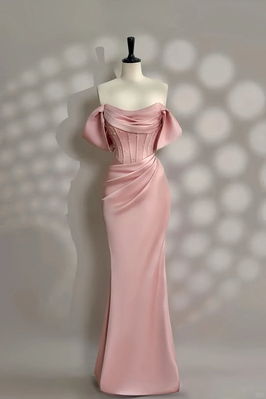 Prom Shop Dresses Pink Mermaid Evening Prom Dresses Pearl Off Shoulder Sleeveless Silk Bow Sleevless Fold Lace-up Red Carpet Celebrity Gowns