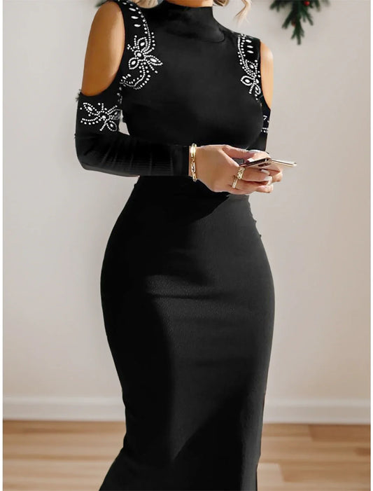 Women's Black Dress Prom Dress Party Dress Bodycon Sheath Dress Long Dress Maxi Dress Long Sleeve Glitter Fall Winter High Neck Fashion Evening Party