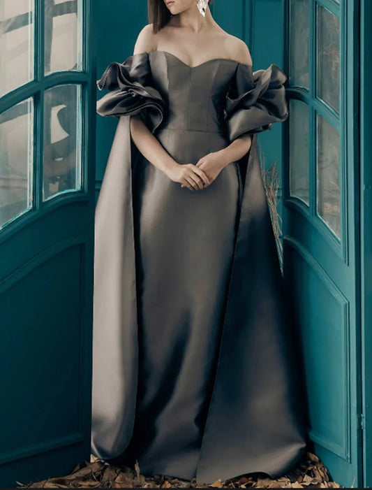 Sheath / Column Elegant Vintage Wedding Guest Formal Evening Dress Sweetheart Neckline Long Sleeve Floor Length Satin