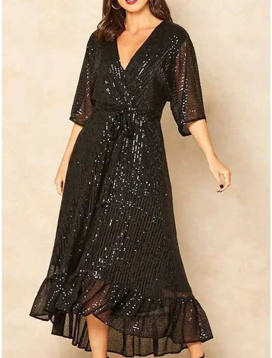 Women's Gold Sequin Dress Black Dress Prom Dress Party Dress Sparkly Dress Black Sheath Dress Long Dress Maxi Dress Blue Half Sleeve Fall Winter V Neck Fashion Evening