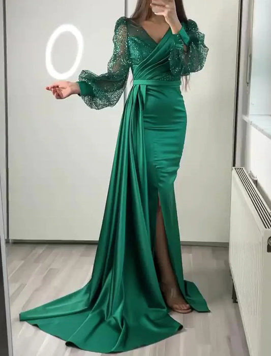 Mermaid Evening Dress Champagne Gown Sparkle Sequin Dress Formal Black Tie Floor Length Long Sleeve V Neck Satin With Buttons Pearls