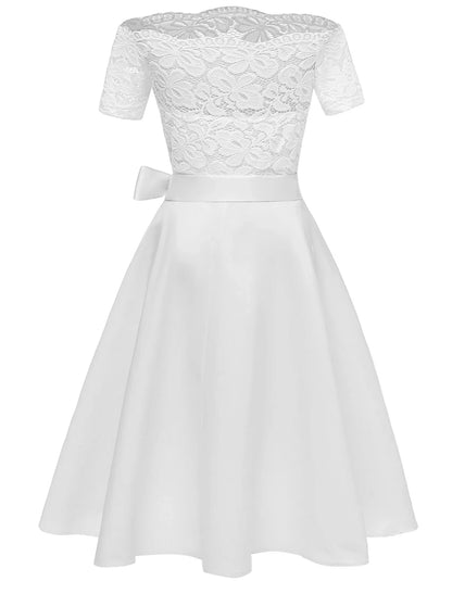 Women's Black Dress Party Dress Lace Dress Knee Length Dress White Pink Wine Short Sleeve Pure Color Lace Summer Spring Fall Off Shoulder Elegant Party Wedding Guest Birthday