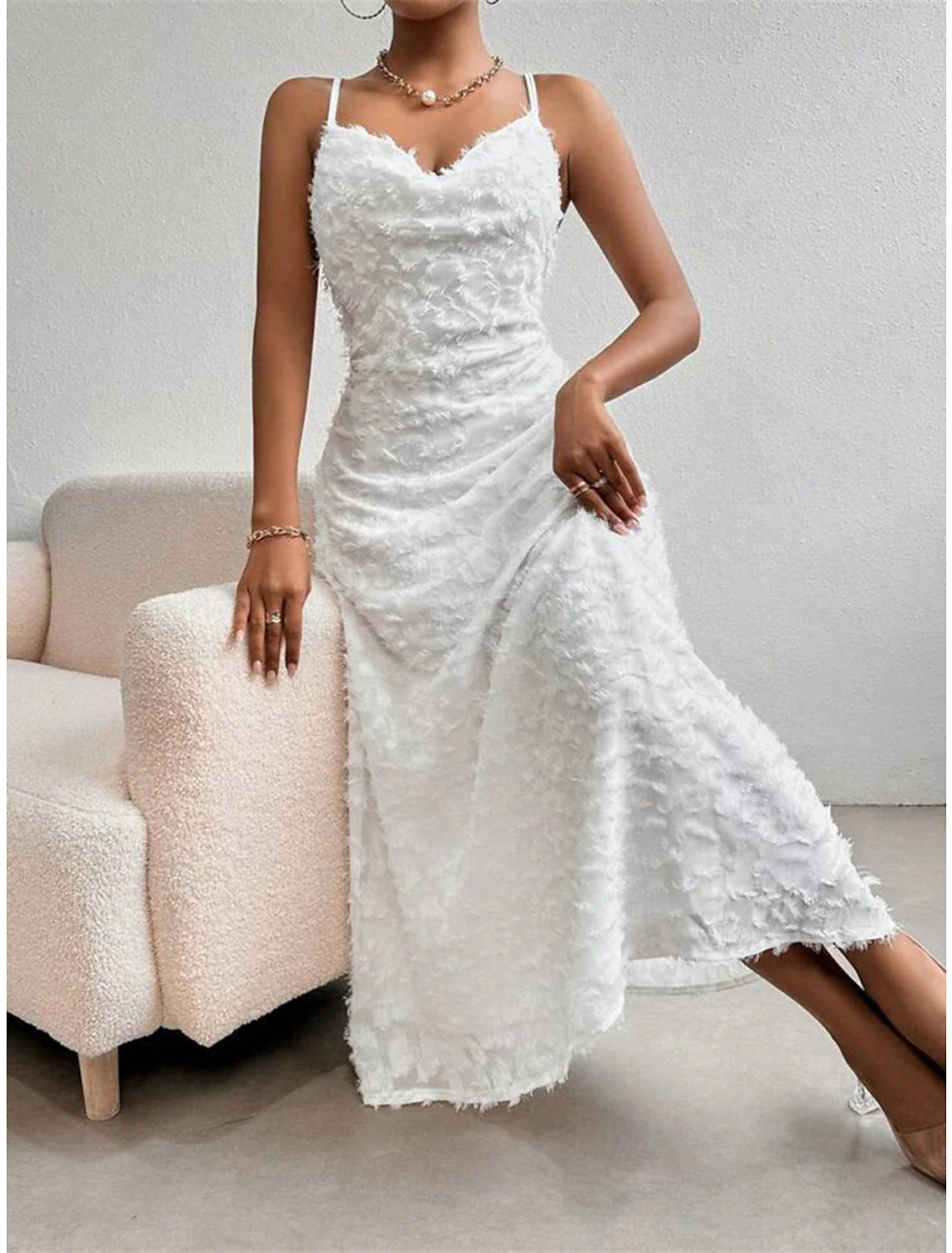 Women's Prom Dress Party Dress Feather Dress Long Dress Maxi Dress White Sleeveless Plain Backless Summer Spring Fall Spaghetti Strap Elegant Wedding Guest Birthday Evening Party