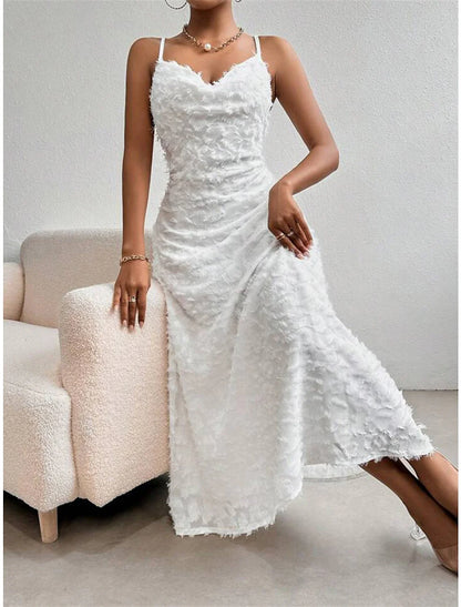 Women's Prom Dress Party Dress Feather Dress Long Dress Maxi Dress White Sleeveless Plain Backless Summer Spring Fall Spaghetti Strap Elegant Wedding Guest Birthday Evening Party