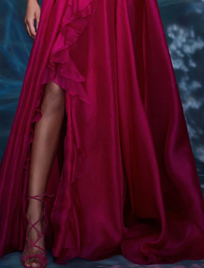 Glamorous 3D‑Ruffle Satin A‑Line Deep‑V‑Neck One‑Shoulder Ruched‑Waist Cascading‑Ruffle High‑Slit Floor‑Length Evening Dresses