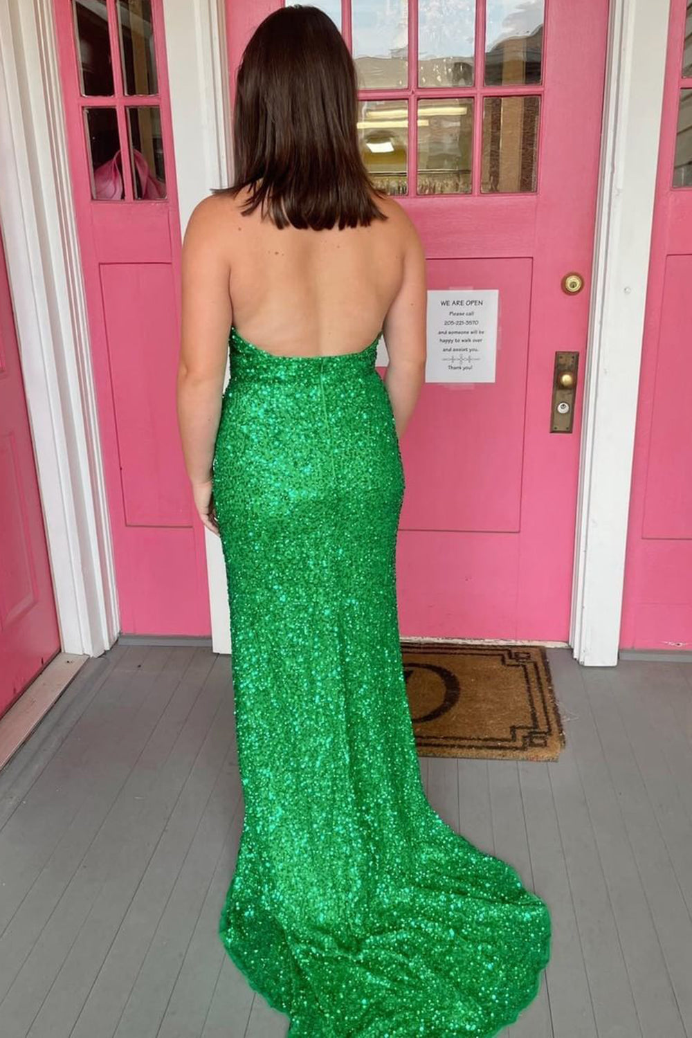Sheath Deep V Neck Green Sequins Long Prom Dress with Split Front