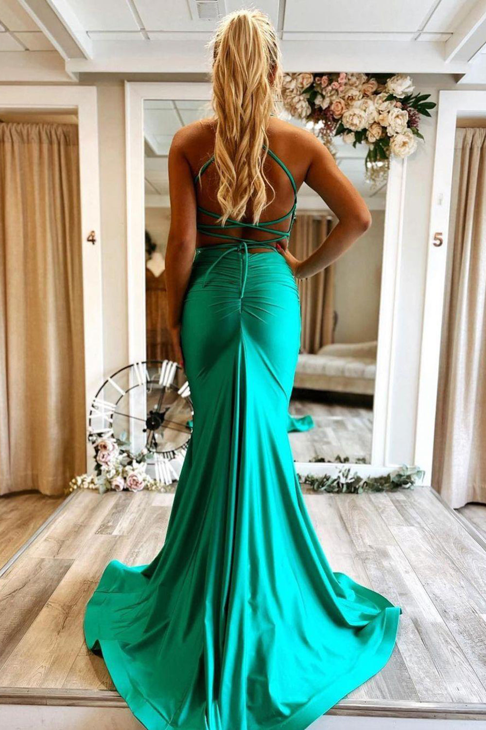 Mermaid Halter Neck Green Long Prom Dress with Criss Cross Back