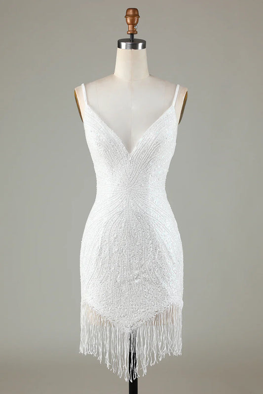 White Fringes Tight Glitter Homecoming Dress With Lace-Up Back