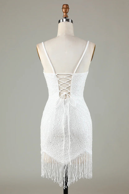 White Fringes Tight Glitter Homecoming Dress With Lace-Up Back