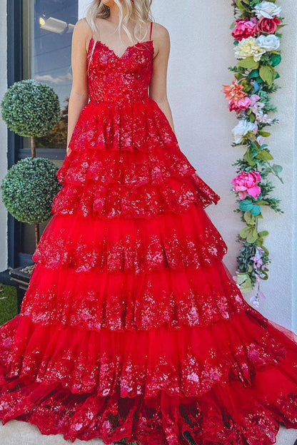 Princess A-Line Spaghetti Straps Long Glitter Prom Dress With Appliques