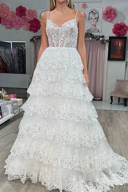 Princess A-Line Spaghetti Straps Long Glitter Prom Dress With Appliques