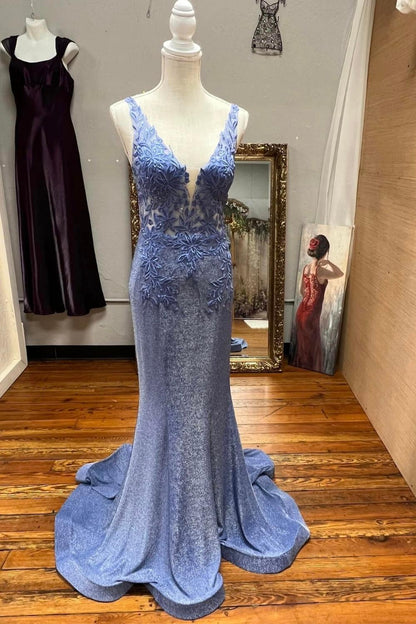 Gorgeous Mermaid Deep V Neck Blue Long Prom Dress with Appliques