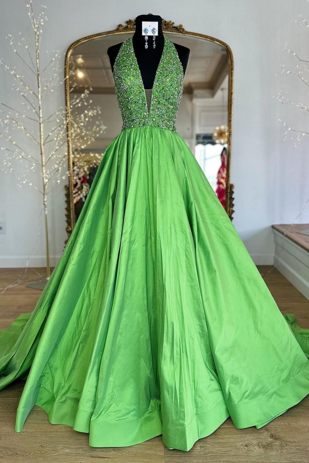 Princess A Line Halter Neck Green Long Prom Dress with Beading