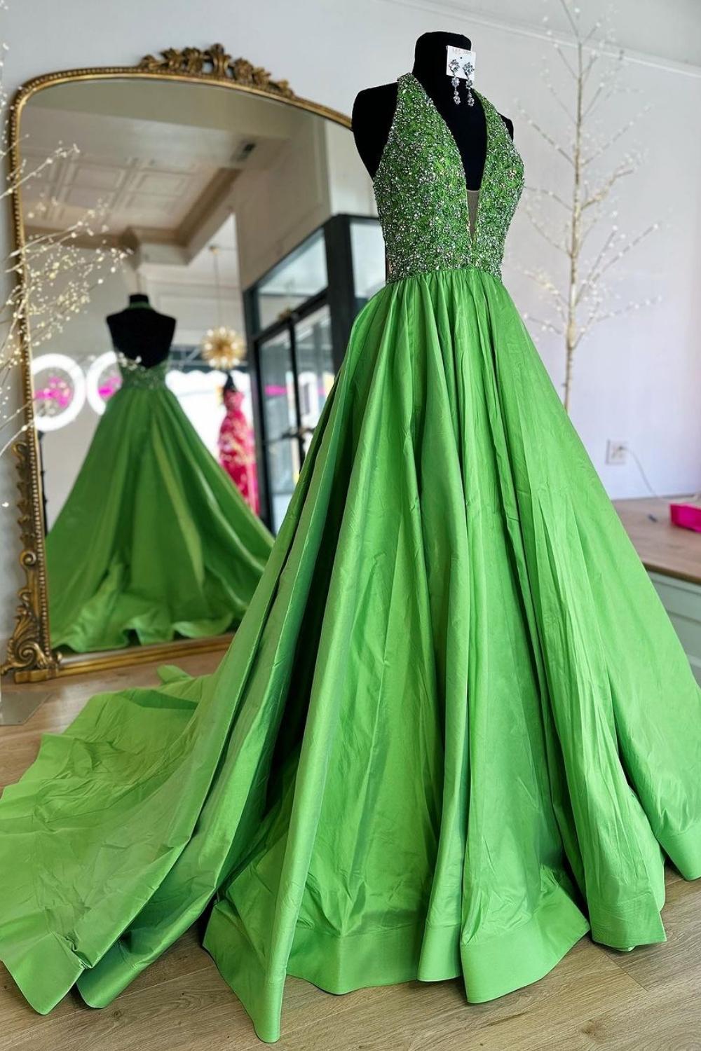 Princess A Line Halter Neck Green Long Prom Dress with Beading