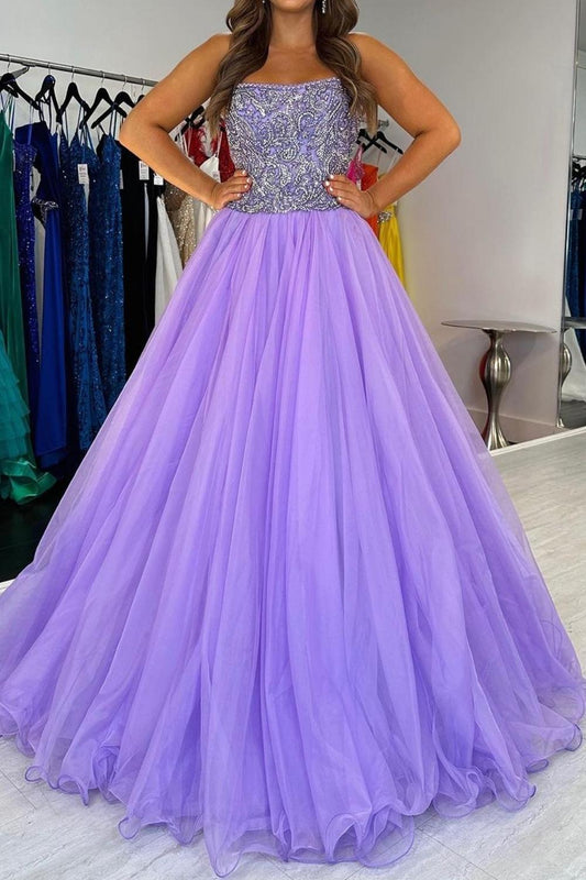 Charming A Line Strapless Purple Tulle Long Prom Dress with Beading