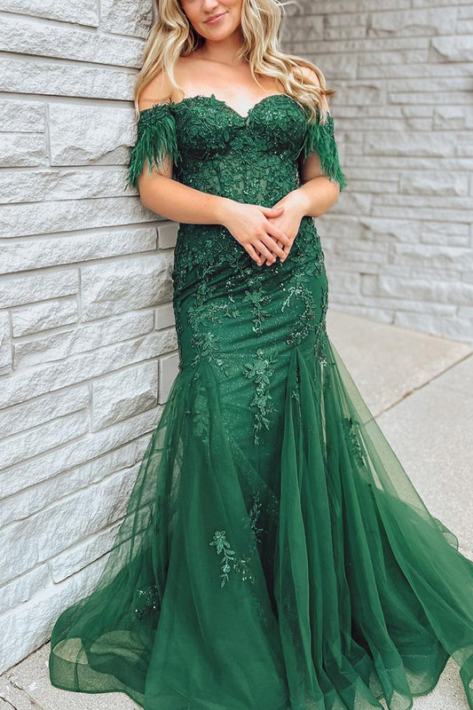 Mermaid Off The Shoulder Long Corset Prom Dress With Appliques