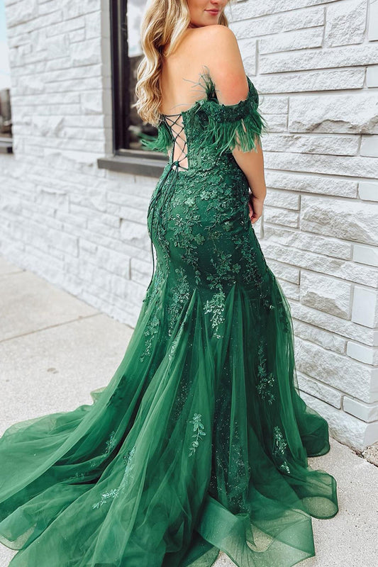 Mermaid Off The Shoulder Long Corset Prom Dress With Appliques