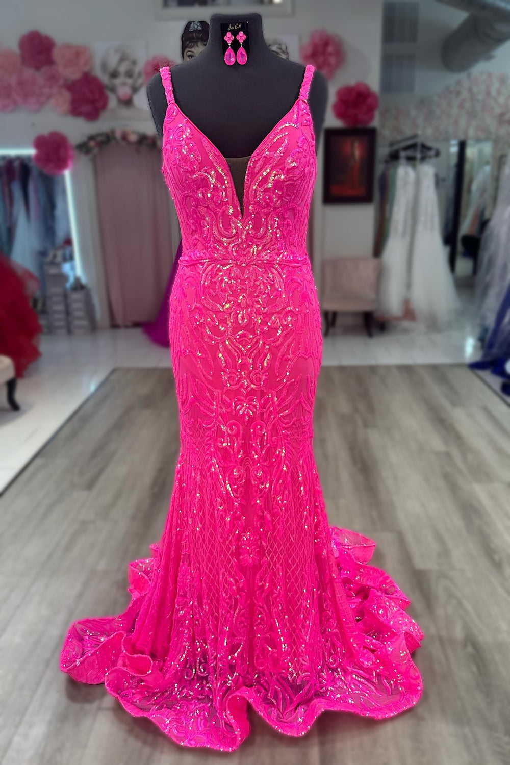 Sparkly Hot Pink Mermaid Backless Long Corset Prom Dress With Sequin