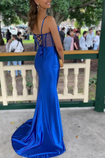 Mermaid Lace Up Long Satin Prom Dress With Split