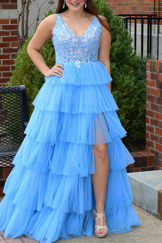 A Line V-Neck Long Tiered Prom Dress with Slit And Appliques