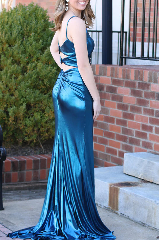 Mermaid Keyhole Back Long Satin Prom Dress With Slit
