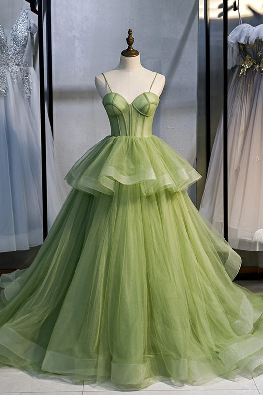 A-Line Green Tulle Long Prom Dresses