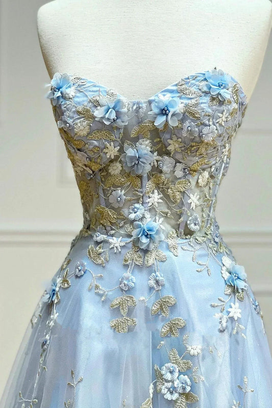 A-Line Strapless Blue Tulle Appliques Long Prom Dresses